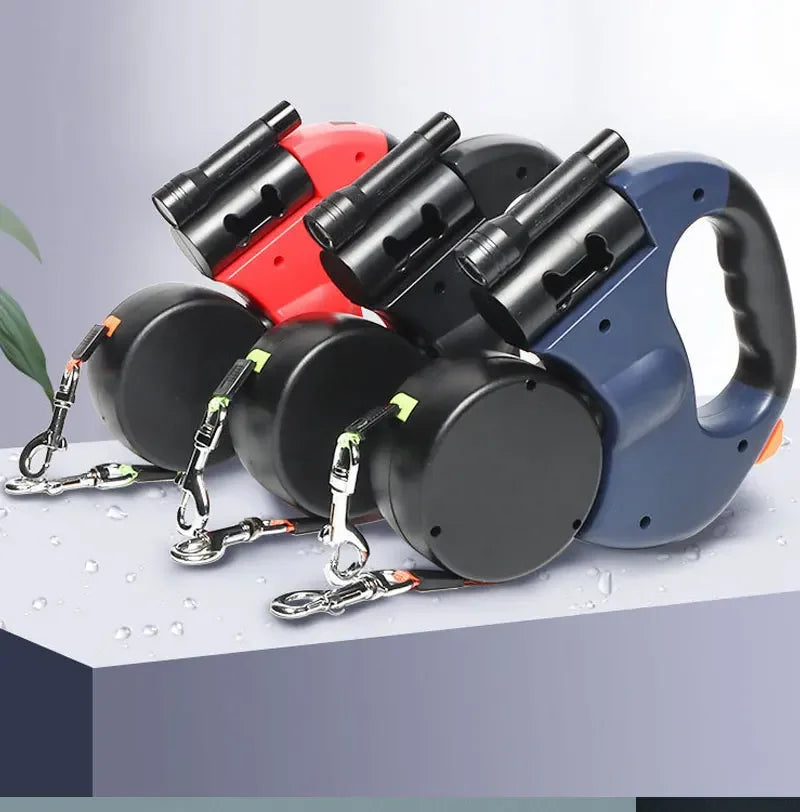 3in1 Double Head Automatic retractable Dog leash Flashlight Poop Bag Dispenser Reflective Pet Cat Extendable Puppy Traction Rope